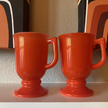 Set of 2 Fire Orange Milk Glass Pedestal Mugs Irish Coffee Mugs 
