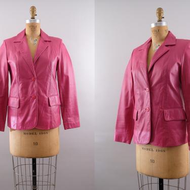 80s Hot Pink Leather Jacket Women's Blazer Size 4 Small 