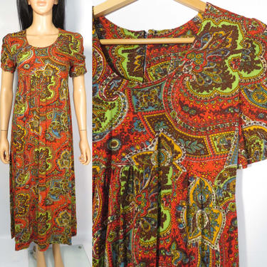 Vintage 60s/70s Psychedelic Hippie Paisley Print Scoop Neck Empire Waist Maxi Dress Size S/M 