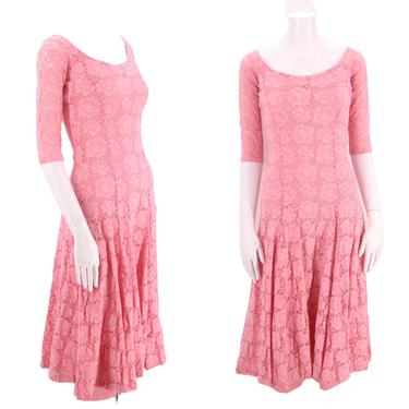 80s BETSEY JOHNSON Punk Label pink lace dress sz M / 1980s tight stretchy cotton candy pink skater dress As Is 