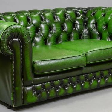 Sofa, British Green Leather Chesterfield 2 Seater, from England, Gorgeous!