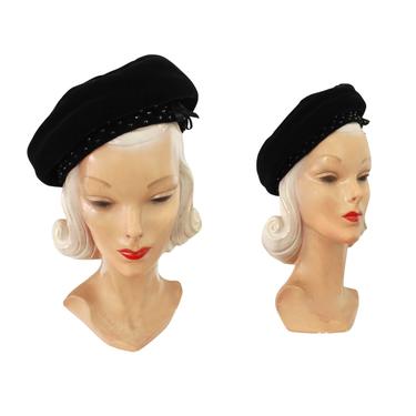 1960s Black Velvet Studded Beret - Vintage Black Beret - Vintage Velvet Beret - 60s Black Hat - 60s Hat - 60s Velvet Hat - Vintage Black Hat 