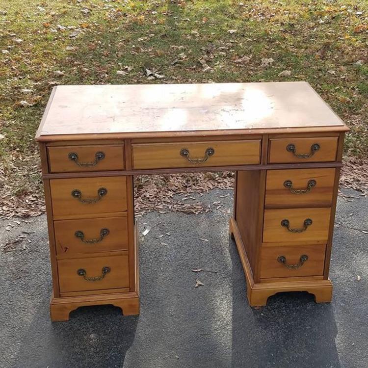 SOLD. Eight Drawer Blond Mahogany Topped Kneehole Desk 