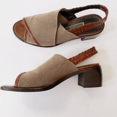 1990s Cole Haan Chunky Brown Sandals / 90s Designer Open Toe Slingbacks Shoes  in Beige Mesh and Brown Leather Weave Original Shoe Box / 6.5 