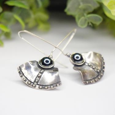 Vintage Noy Li Sterling Silver Dangle Earrings, Long Silver Earrings With Hematite/Marcasite Stones, Silver Fan Earrings With Etched Details 