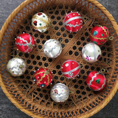 Small satin ball ornaments with sequins and pearls - set of 11 - 1960s vintage handmade 