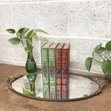 Vintage Mirrored Tray Retro Size 21x11 1960s Hollywood Regency Gold Metal Floral Design Oval Mirrored Vanity Tray + Home Bar Tray Bar Decor 