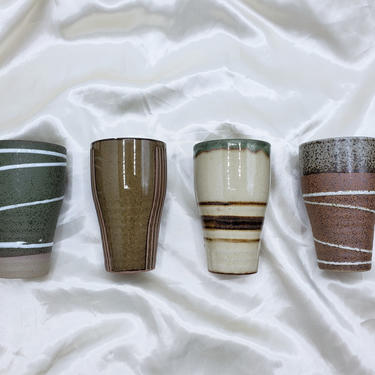 Vintage Stoneware Sake Glasses | Set of 4 Blue Moon Japan Pottery | Mix &amp; Match Sake Tasting Cups | MCM Ceramic Glassware Drinkware Barware 