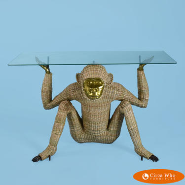 Monkey With Brass Mask Glass Top Console Table