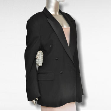 Vintage Women’s Oversized Tuxedo Blazer with Satin Lapel Loose Fit Menswear Jacket 