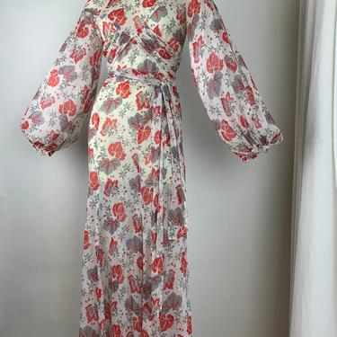 1930'S Sheer Floral  Dress - Light weight Cotton Gauze - Balloon Sleeves - Flared Skirt - Old Hollywood Glamour - Size Small 