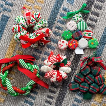 Vintage 1970s Handmade Christmas Tree Ornaments - Red &amp; Green Calico Fabric Kitschy Ornaments Holiday Decor Trees and Wreaths - Set/5 
