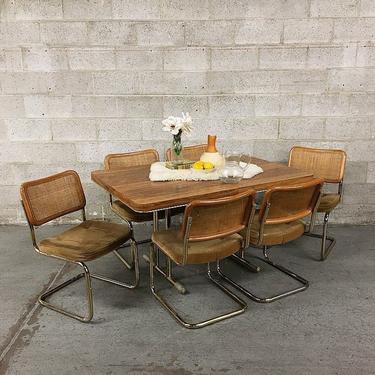 Vintage Marcel Breuer Style Wood and Gold Chrome Kitchen Dining Set Retro 1987 Rectangular Table 6 Cane and Velvet Chairs LOCAL PICKUP ONLY 