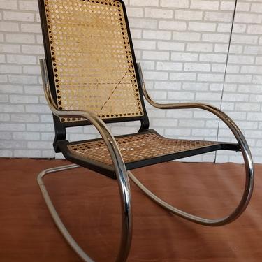 Vintage Modern Italian Marcel Breuer Style Tubular Chrome & Wicker Rocking Chair