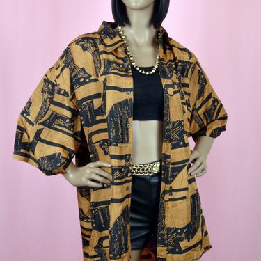 Vintage 90s Brown Button Up Shirt Abstract Print Silk Shirt Unisex L/XL by VintageAlleyShop