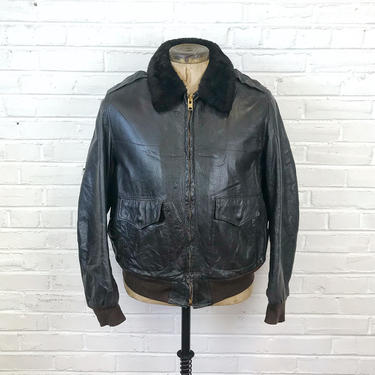 Size XL Vintage 1960s 1970s LL Bean Script Label G-1 Style Shearling Lined Leather Bomber Jacket 