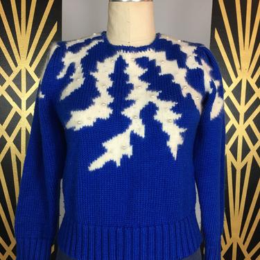 1980s sweater, cobalt blue, vintage sweater, puff shoulders, 80s does 40s, Angora sweater, zig zag, lightning, leaf print, medium, pearls 