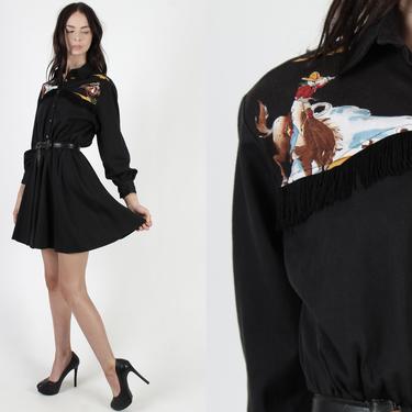 Vintage 80s Rodeo Western Dress / Long Black Cowgirl Fringe / Cowboy Wrangler Portrait Yolk / Wild West Pearl Snap Full Skirt Mini Dress 