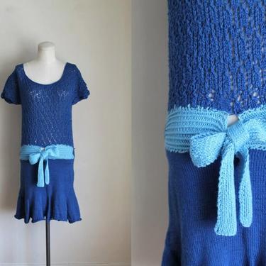 vintage 1980s Two Tone Blue Sweater Drop Waist Dress / S-M 