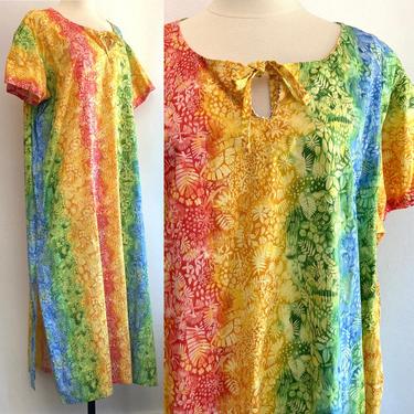 Vintage 70’s RAINBOW BATIK Cotton Caftan Dress / Cover-Up / Keyhole Neckline / One-of-a-Kind 