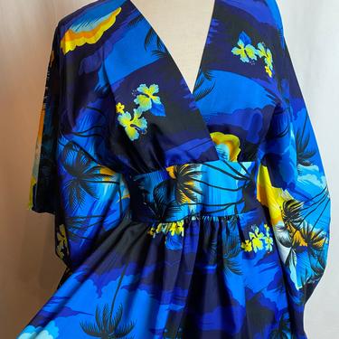 Vintage Hawaiian Sunset dress~ muumuu style~ open size- cinched waist~ kimono~ Hawaii kaftan maxi dress size Med-XLG 