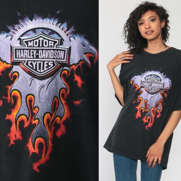 Harley Davidson TShirt Flames Motorcycle Shirt 90s Biker Tee Black t shirt 1990s Rocker Extra Large 2xl xxl 