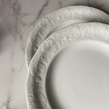 Vintage Pillivuyt France White Dinner Plates - set of 2 Le Vigne pattern with embossed grapevine border 