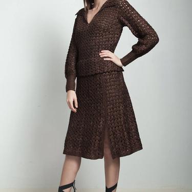 vintage 40s brown macrame ribbon dress slit long sleeves LARGE L 