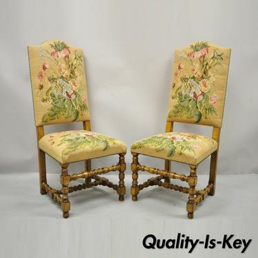 Antique English Jacobean Floral Needlepoint Tall Dining Side Chairs - a Pair