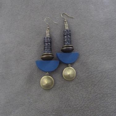 Blue wood earrings, Afrocentric earrings, African earrings, bold earrings, statement earrings, geometric earrings, rustic bronze earrings 3 