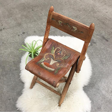 Vintage Kids Chair Retro 1960s Handmade + Tooled  Leather + Wood Frame + Folding Chair + Rustic Childrens Furniture + Home Decor 