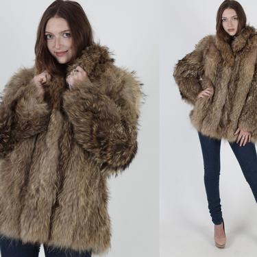 Genuine 70s Tanuki Fur Coat / Real Raccoon Fur Jacket / Mens Womens Shaggy Winter Ski Jacket / Vintage Warm Outdoors Snow Coat 