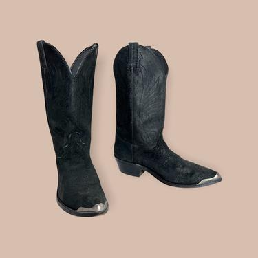 Vintage  Black SUEDE Roughout Cowboy Boots ~ men's 8 1/2 D / women's 10 ~ Western / Rockabilly / Ranch Wear ~ Toe Tips 