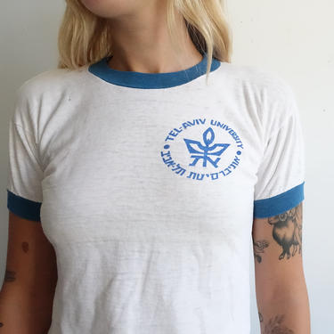 Vintage 70s Tel Aviv University Ringer T Shirt/1970s Paper Thin Baby T/ Israel Israeli Blue White Cropped Shirt/ Size Small 