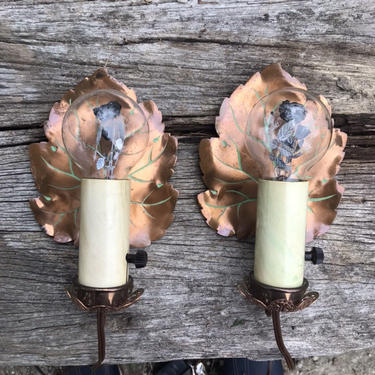 Pair of Vintage Copper Leaf Aerolux Rose Lights  Filament Glows Authentic Wall Sconces Fixtures 