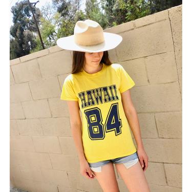 1984 Hawaii Tee // vintage yellow shirt boho tee t-shirt t dress hippie hippy cotton ringer jersey 80s // S Small 