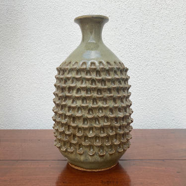 1970s Olive Green Textured Studio Pottery Vase