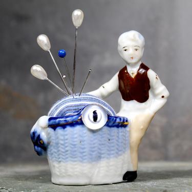 Upcycled Ceramic Figurine Pin Cushion - Made in Occupied Japan - Boy with Basket Delivering Pins! - Handmade | Free Shipping 