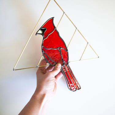 Cardinal - Stained Glass Bird with Brass Detail, Bird Wall Hanging Decor 