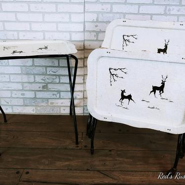Set of 4 White and Black Deer Metal TV Tray Space Saver Set with Rolling Storage Rack 