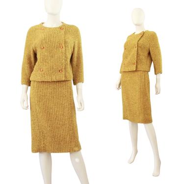 1960s Green & Orange Boucle Knit Suit - 1960s I. Magnin Suit - 1960s Box Jacket Suit - 1960s Chartreuse Suit - 60s Womens Suit | Size Small 