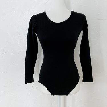 70s Black Long Sleeved Leotard Bodysuit by Danskin | Small/Medium 