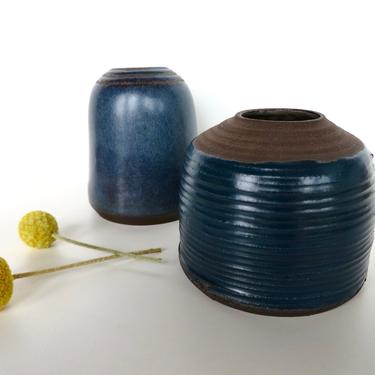 Small Blue Studio Pottery Vase, Vintage Modern Stoneware Ribbed Weed Pot, Wabi Sabi Pottery Vase 