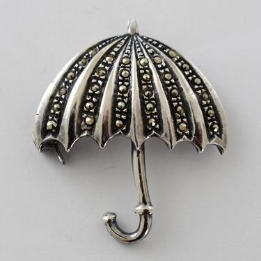 Whimsical 80's Art Deco style sterling marcasite umbrella brooch, charming A 925 TH silver pyrite bumbershoot novelty pin 