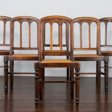 19th Century Set of 6 French Louis XVI Provincial Walnut Cane Dining Chairs 