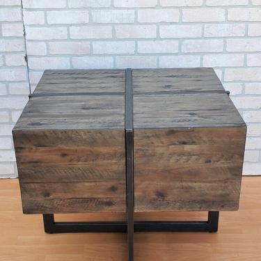 Rustic Reclaimed Timber Wood and Black Iron Framed Cube Side Table
