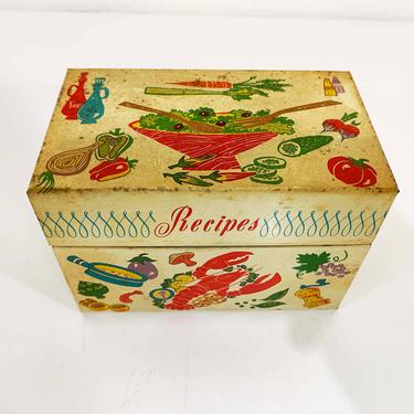 Vintage Metal Recipe Box White Pink Green Yellow 1950s Ohio Art Co. Tin Made in USA Mid Century Lobster Pie Recipes 