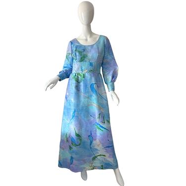 70s Tory Richard Hawaiian Dress /  Vintage Psychedelic Kimono Maxi / 1970s Painted Ocean Reef Dress Small 