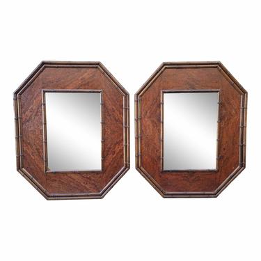 Vintage Campaign Style Octagonal Burlwood and Carved Wood Faux Bamboo Mirrors - a Pair