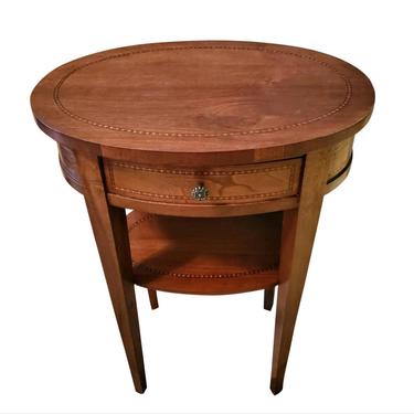 Vintage French Louis XVI Style Mahogany Inlaid Oval Bedside Cabinet Nightstand, Accent Side Table circa 1940s 
